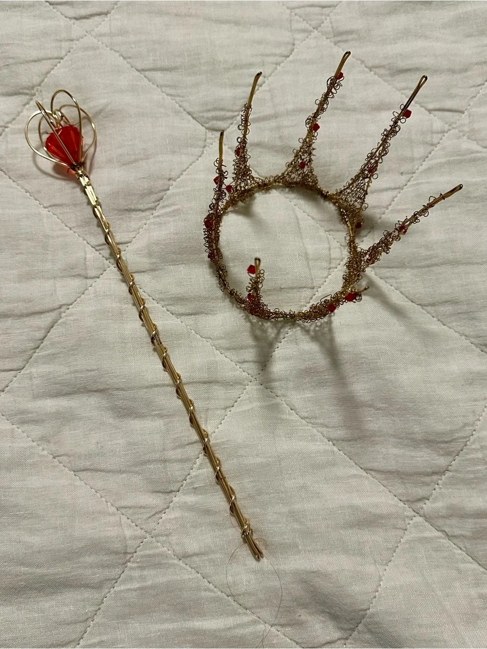 Delicate Gold and Red Decorative Hair Crown and Wand Set Handmade